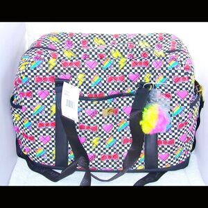 Betsey Johnson Rainbow hearts bow Large Quilted baby bag Weekender luggage NWT